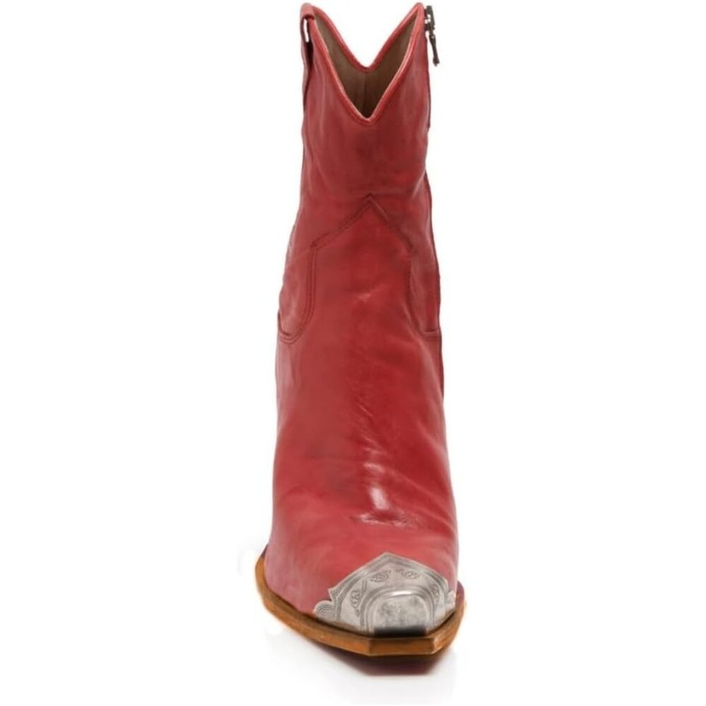 Women's Red Faux Leather Steel Toe Side Zipper Block Heel Western Ankle Boots - Picture 4 of 7